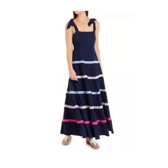 Crown & Ivy Maxi Sun Dress Navy Lace Smocked Back Size Small Tie Shoulders S - Picture 1 of 9